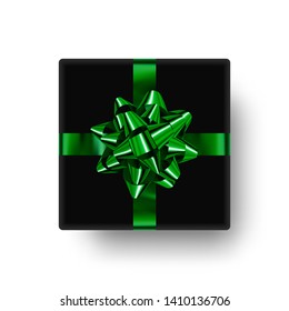 Realistic gift box with beautiful green bow, ready design element for decoration holiday banner, poster, ad, card and more. Vector clipart, gift box.