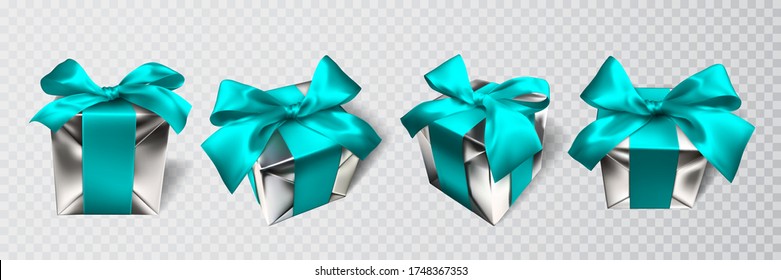Realistic gift box with blue bow isolated on gray background. Vector illustration.