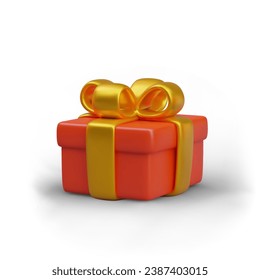 Realistic gift box close up. Red festive packaging for gift. Color template for New Year web advertising. Concept for packaging business. Image for bonus loyalty program