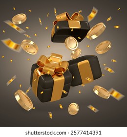 Realistic gift box with gold ribbon, coin and confetti. Vector illustration.