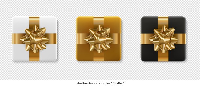 Realistic gift box with gold self adhesive bow, isolated on transparent background.