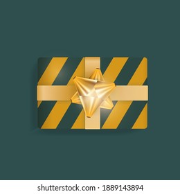 Realistic gift box with green and yellow stripes, gold ribbons and bow. Vector illustration. 