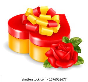 Realistic gift box in heart shape, red, golden colors with gorgeous bow and red rose with leaves. Surprise for valentines day, wedding, holidays and other events. Isolated vector illustration EPS 10.
