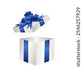 Realistic Gift box for holiday, celebration and special sales offer. Open white gift box with blue silky ribbon bow. Christmas or birthday gift box with silky ribbon bow isolated on white background. 