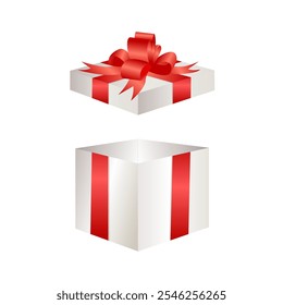 Realistic Gift box for holiday, celebration and special sales offer. Open white gift box with red silky ribbon bow. Christmas or birthday gift box with silky ribbon bow isolated on white background. 