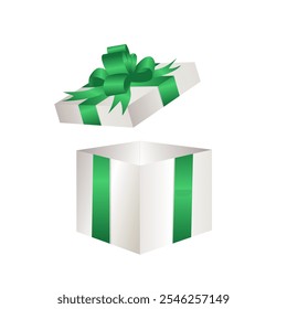 Realistic Gift box for holiday, celebration and special sale offer. Open white gift box with green silky ribbon bow. Christmas or birthday gift box with silky ribbon bow isolated on white background. 