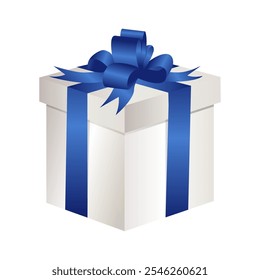 Realistic Gift box for holiday, celebration and special sales offer. Closed white gift box with blue silky ribbon bow. Christmas or birthday gift box with silky ribbon isolated on white background. 