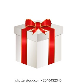 Realistic Gift box for holiday, celebration and special sales offer. Closed white gift box with red silky ribbon bow. Christmas or birthday gift box with silky ribbon bow isolated on white background.