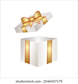 Realistic Gift box for holiday, celebration and special sales offer. Open white gift box with silky ribbon bow. Christmas or birthday gift box with silky ribbon bow isolated on white background. 