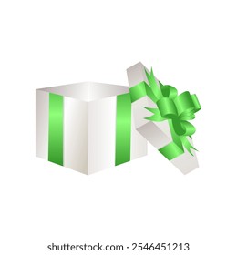 Realistic Gift box for holiday, celebration and special sales offer. Open white gift box with green silky ribbon bow. Christmas or birthday gift box with silky ribbon bow isolated on white background.