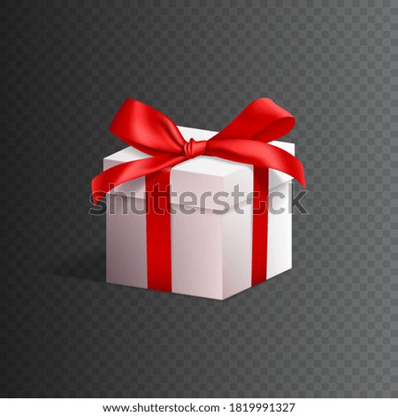 Realistic gift box isolated on checkered background. Holiday 3d paper white box with red satin bow for Christmas, New Year, Birthday decoration. Vector illustration.
