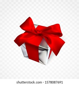 Realistic gift box with red bow isolated on transparent background. Vector illustration.
