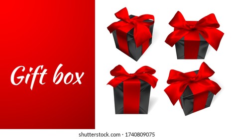 Realistic gift box with red bow isolated on white background. Vector illustration.