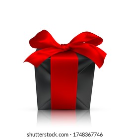Realistic gift box with red bow isolated on white background. Vector illustration.