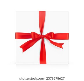 Caja de regalo realista con arco rojo. Ilustración vectorial sobre fondo blanco. Se puede usar para decorar regalos, saludos, vacaciones, etc. EPS10.
