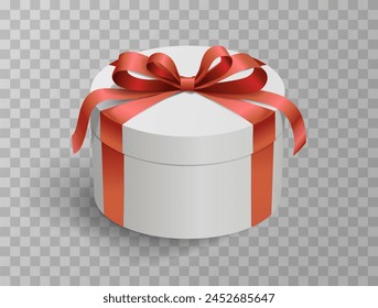 Caja de regalo realista, con lazo de satén rojo, aislado en el fondo. Caja de presentación, atada con cinta de envolver. Feliz Año Nuevo, Feliz Navidad o Cumpleaños.