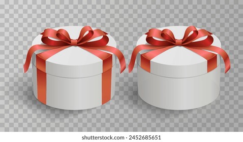 Realistic gift box, with red satin bow, isolated on background. Presentation box, tied with wrapping ribbon. Happy New Year, Merry Christmas or Birthday.
