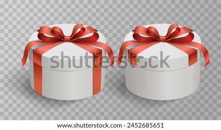 Realistic gift box, with red satin bow, isolated on background. Presentation box, tied with wrapping ribbon. Happy New Year, Merry Christmas or Birthday.