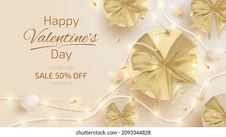 Realistic gift box with ribbon and heart shaped elements, luxury style valentines day background.