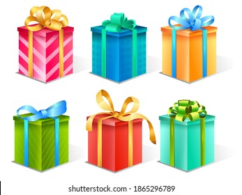 Realistic gift box set. Collection of presents, boxes, decorative gifts. Festive christmas background with gift boxes border on white background. Vector illustration