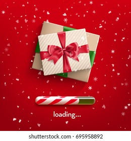 Realistic gift box tied with ribbon with red bow knot and realistic christmas candy cane progress bar . Vector illustration red background with flakes of snow.