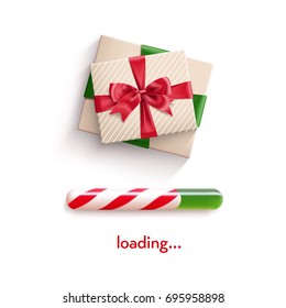 Realistic gift box tied with ribbon with red bow knot and realistic christmas candy cane progress bar . Vector illustration isolated on white.
