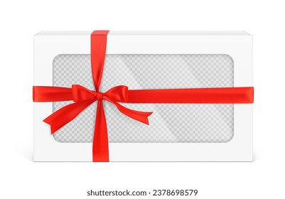Realistic gift box with transparent window and red bow. Vector illustration on white background. Can be use for decoration gifts, greetings, holidays, etc. EPS10.