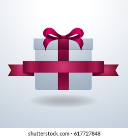 Realistic gift box Vector illustration White gift box with elegant decorative pink tape and pink ribbon for inscription on white background Realistic style