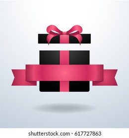 Realistic gift box Vector illustration Black gift box with elegant decorative pink tape and pink ribbon for inscription on white background Realistic style