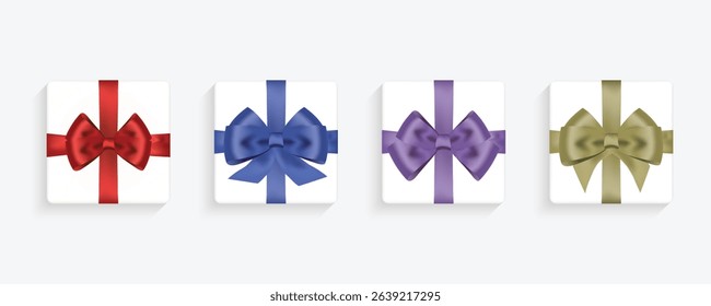 Realistic Gift Box Vector Set for Christmas, Birthday, and Holiday Celebrations. White Boxes with Red, Blue, Purple, and Gold Satin Ribbon Bows. Perfect for Festive and Greeting Design, and Packaging