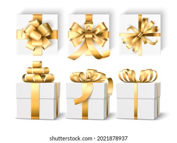 Realistic gift boxes. 3d white holiday packaging mockup, gold ribbons and different bows, gift wrap templates, top and side view. Vector set