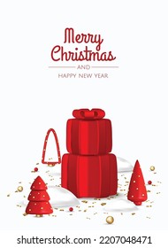 Realistic gift boxes. Merry Christmas and Happy New Year. Holiday banner, web poster, flyer, greeting card.