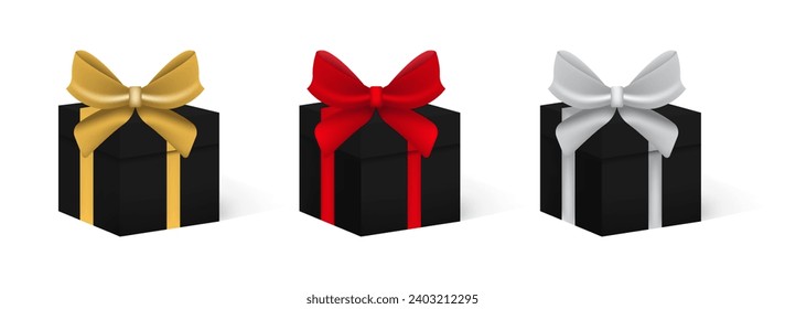 Realistic gift boxes with red, white, black, and golden satin bows. Square form gift box, in front view, standing on a surface. Holiday decoration. Black friday sale collection. Vector illustration