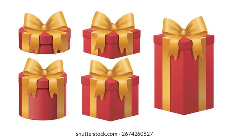 Realistic gift boxes set. Red giftboxes with olden ribbon. Present and surprise. Holiday and festival. Birthday, Christmas or valentines day. Isometric vector collection isolated on white background