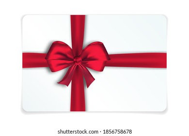 Tarjeta de regalo realista con arco rojo y cinta adhesiva. Ilustración vectorial de la plantilla de la tarjeta de papel de cartón regalo. Certificado o bono en blanco para comprar