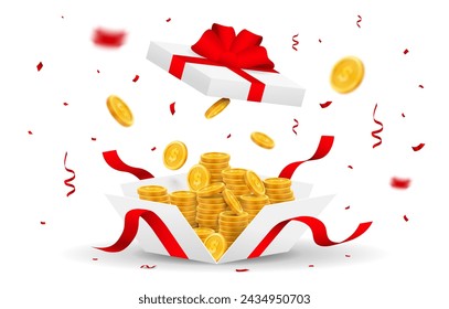 Regalo realista con monedas. Recompensas para clientes regulares. Descuentos y promociones. Monedas de oro en cajas de regalo. Premio y premio. Ilustración vectorial isométrica aislada sobre fondo blanco