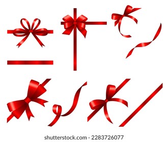 Realistic gift ribbons. Gifting box package ribbon and bow set isolated on transparent, holiday christmas satin tape knots