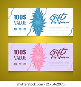 Realistic gift voucher with golden color ribbon horizontal banners template design