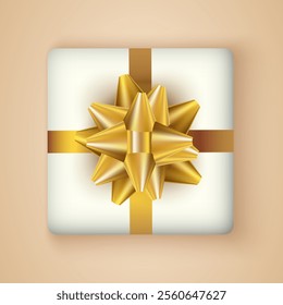 Realistic gift white box with a gold ribbon and a big bow.Top view.Vector illustration suitable for the design of banners, posters, cards, gift certificates.