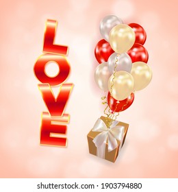 Realistic gifts box with air balloons and inscription Love. Holiday design for party, birthday, anniversary, Valentines day, wedding. Vector greeting card, invitation, banner