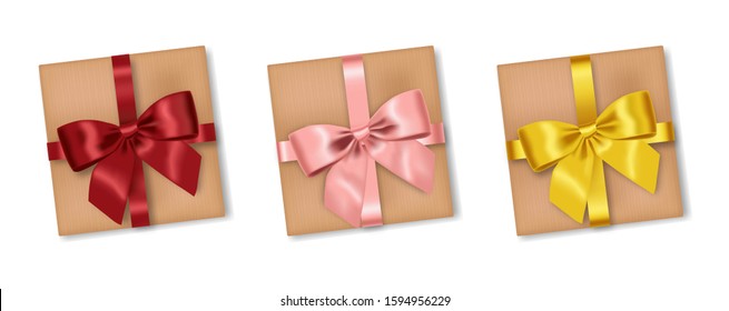 Realistic gifts set, red,pink and yellow bow, happy birthday, merry christmas, celebration decoration, party elements package mockup, vector