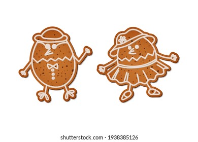 Realistic gingerbread cookies with white icing in the form of a chicken and a rooster. Happy Easter. Isolated vector objects on a white background.