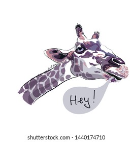 Realistic giraffe head close-up on white background. Composition for t-shirt, hand drawn style print. Vector illustration.