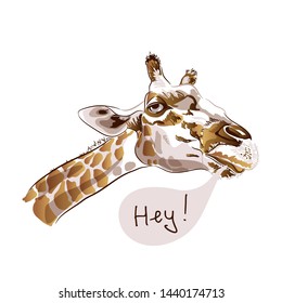Realistic giraffe head close-up on white background. Composition for t-shirt, hand drawn style print. Vector illustration.