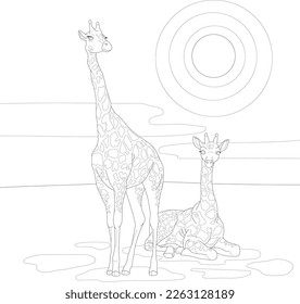 Realistic giraffes in african savannah graphic sketch template. Cartoon vector illustration for children in black and white for games, background, pattern, decor. Coloring paper, page, childrens book