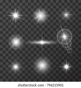 Realistic glare of light. Collection of white stars with glare on a dark transparent background. Light vector effect. Vector illustration.