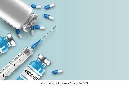 Ampollas de vidrio realistas, frasco para comprimidos y jeringa. Inyección de la vacuna Coronavirus Covid-19, nuevo coronavirus. Antecedentes médicos. Ilustración del vector