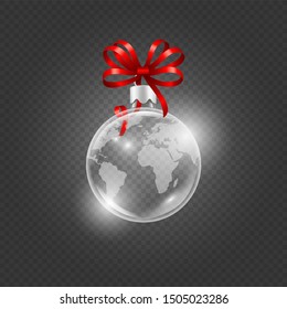 Realistic glass ball. Christmas ball with map. Vector glass planet sphere with red silk bow