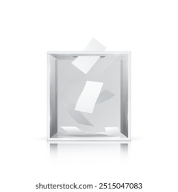 Urna de cristal realista. Ilustración vectorial. Papel blanco de votación en el agujero. Contenedor de votación transparente con una papeleta que cae. Papeletas adentro.
