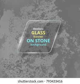 Realistic glass banner on concrete background. Stone.